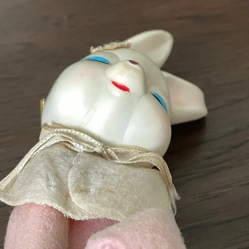 Vintage Knee Hugger Bunny Rabbit Celluloid Pink Felt Japan Easter Decor FLAW